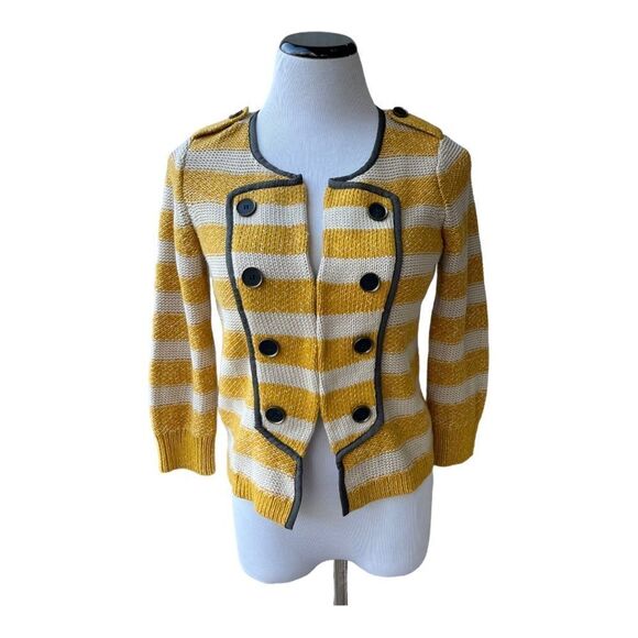 LOFT Double Breasted Round Neck Yellow Striped Cardigan Band Sweater Sz SP EUC - Picture 1 of 8